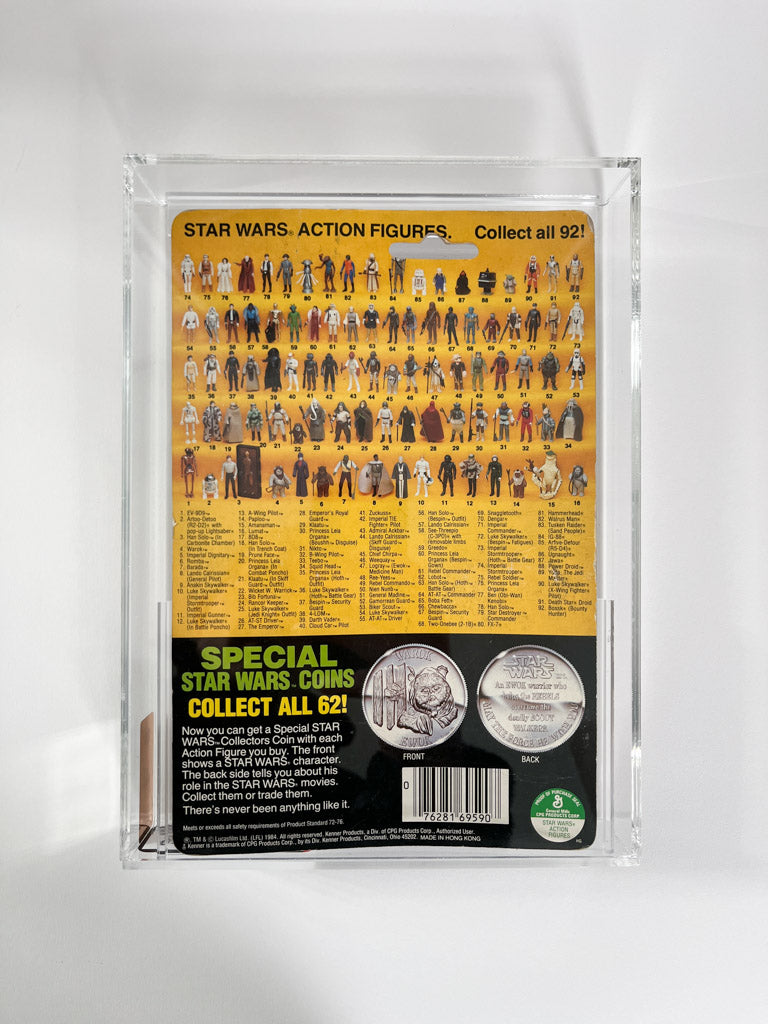 Star Wars action figure display case with back panel featuring figures and text.
