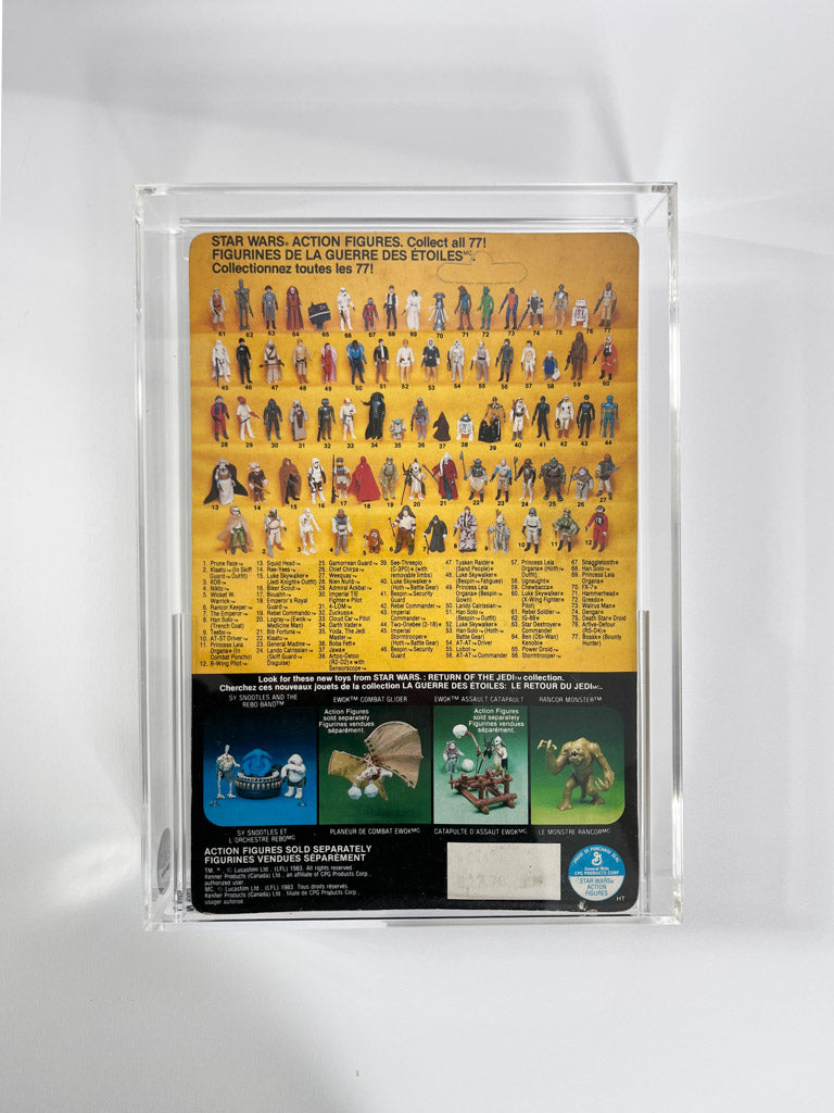 Collection of Star Wars action figures displayed in a clear case with a chart on the back.