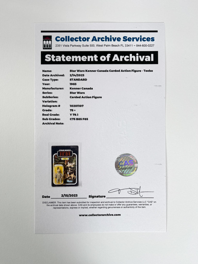 Collector Archive Services document with a Star Wars Kenner Canada carded action figure on a white background